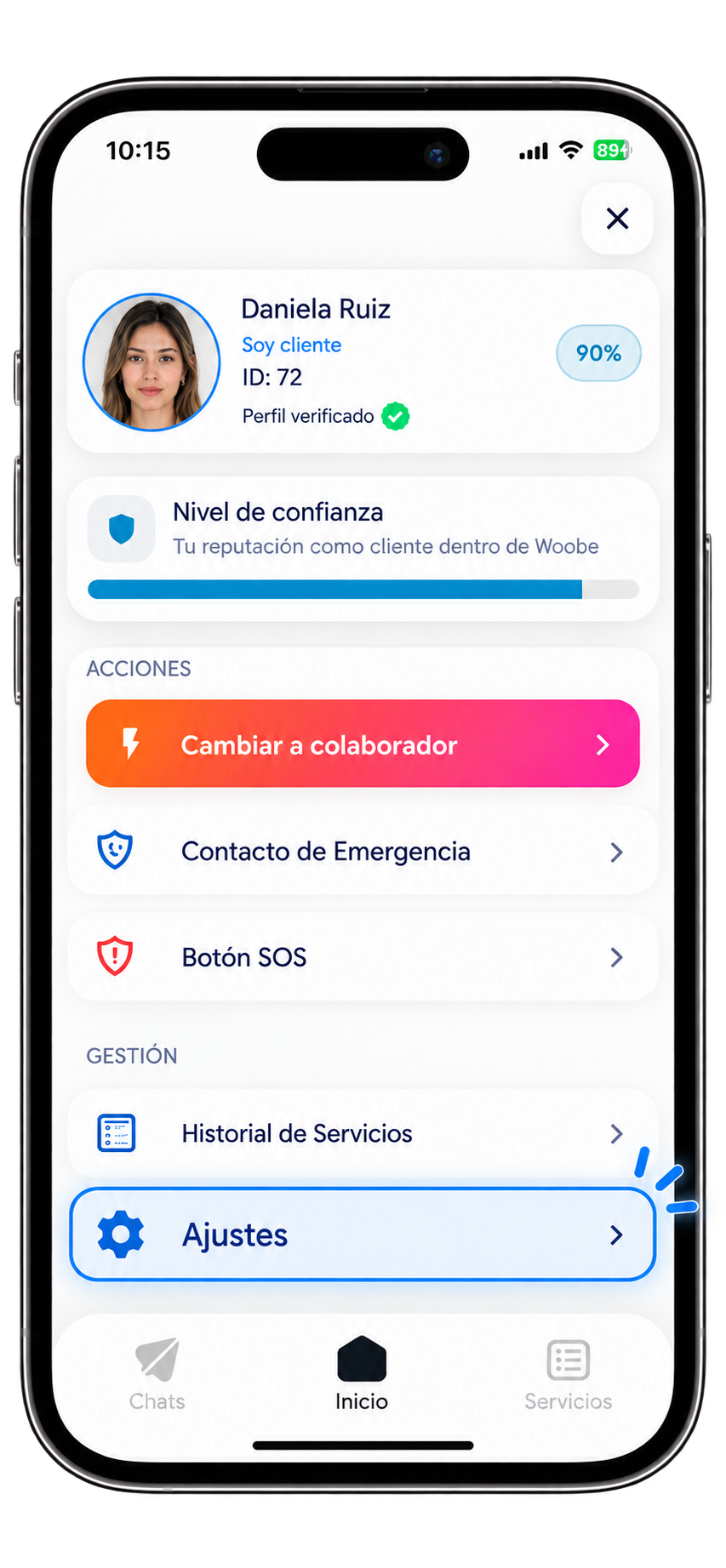 Abrir el perfil de Woobe y seleccionar Ajustes