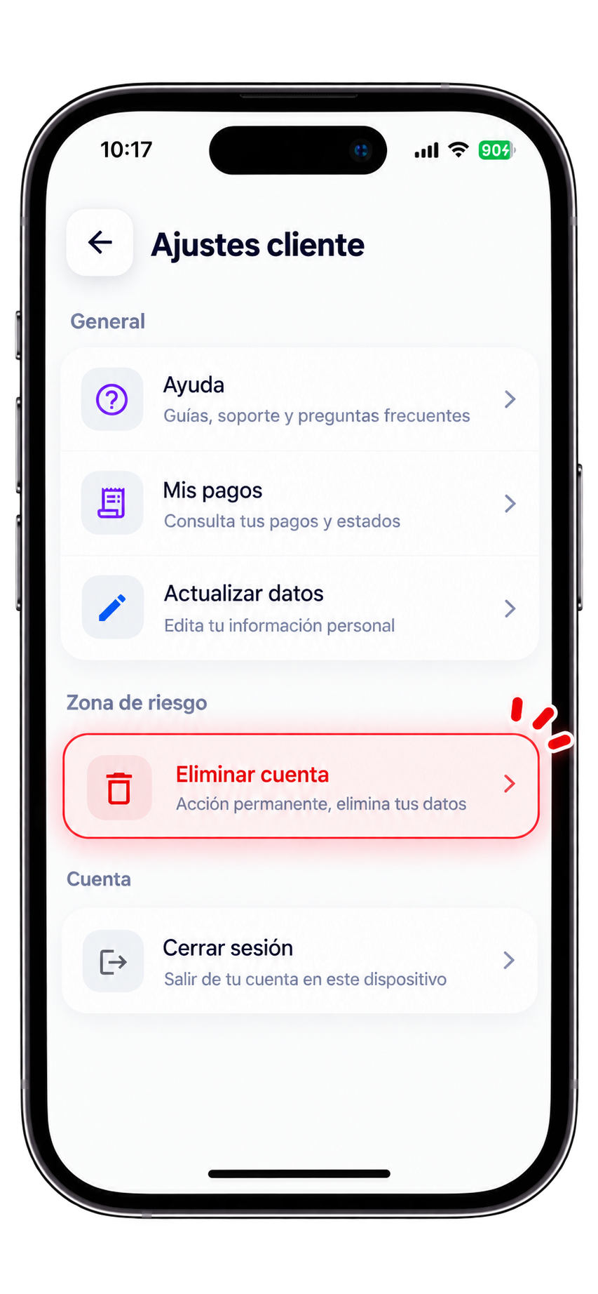 Seleccionar Eliminar cuenta en los ajustes de Woobe