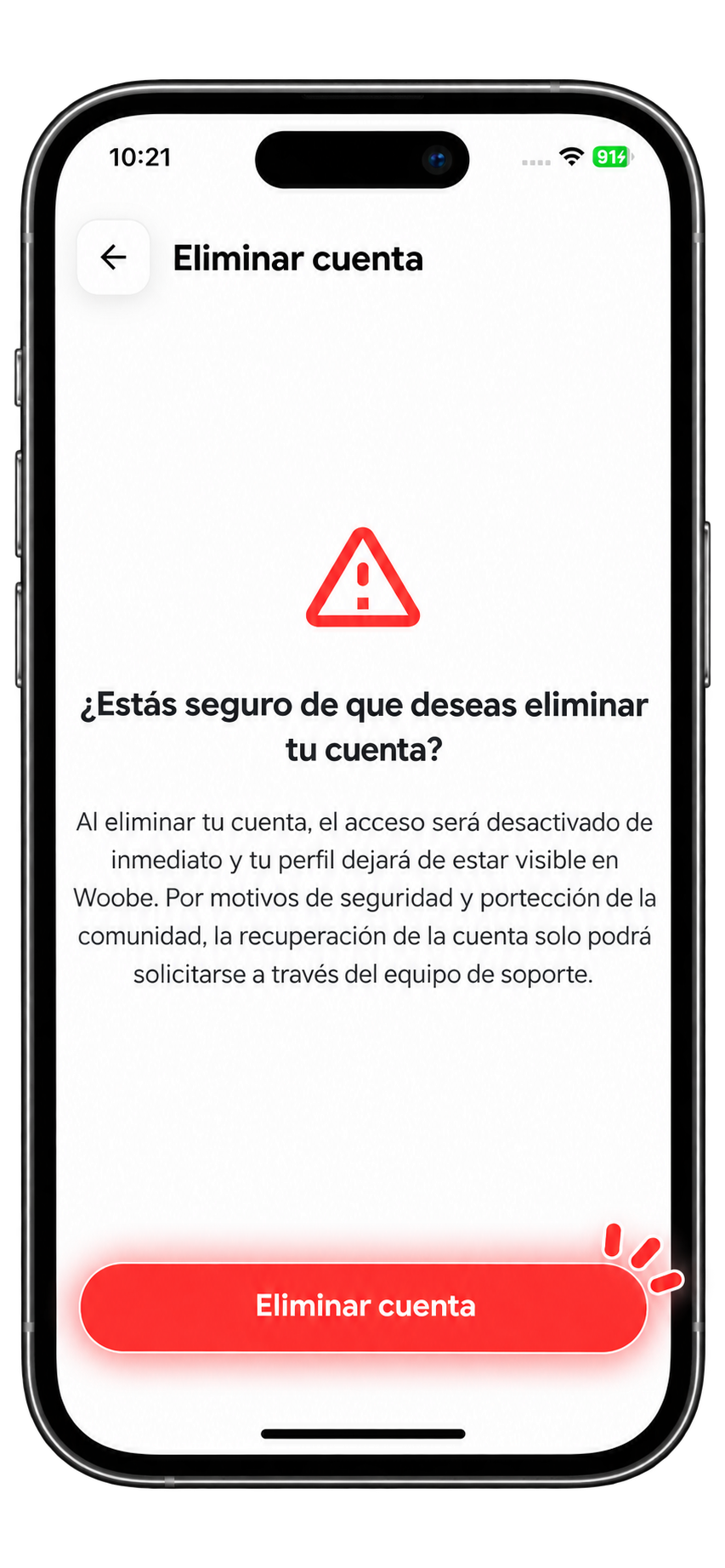 Confirmar la eliminación de la cuenta de Woobe