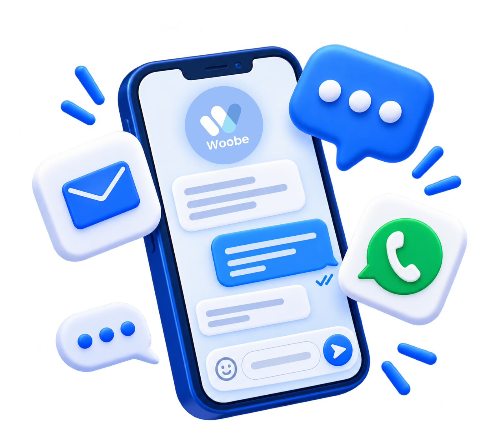 Ilustración de un teléfono con una conversación de soporte de Woobe